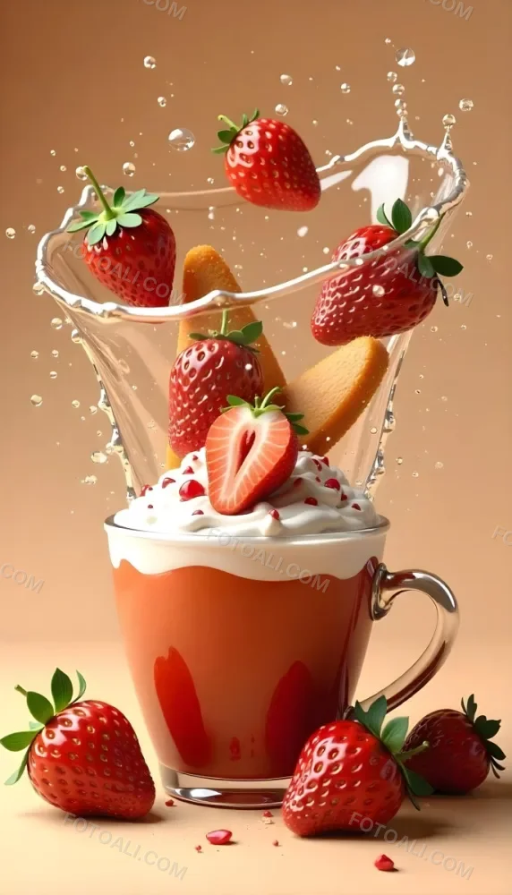 A Cup Of Water With Whipped Cream And Strawberries Water Splash Brown Background Studio Shot Food Photography High Detail Realistic Rendering Vibrant Colors Delicious Appetizing 32 6d60
