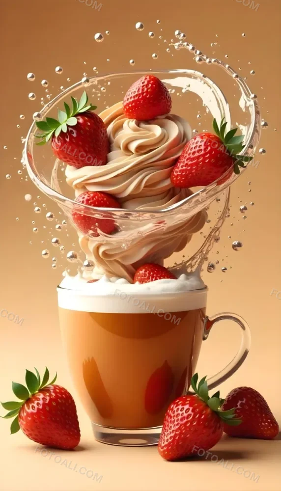 A Cup Of Water With Whipped Cream And Strawberries Water Splash Brown Background Studio Shot Food Photography High Detail Realistic Rendering Vibrant Colors Delicious Appetizing 34 0750