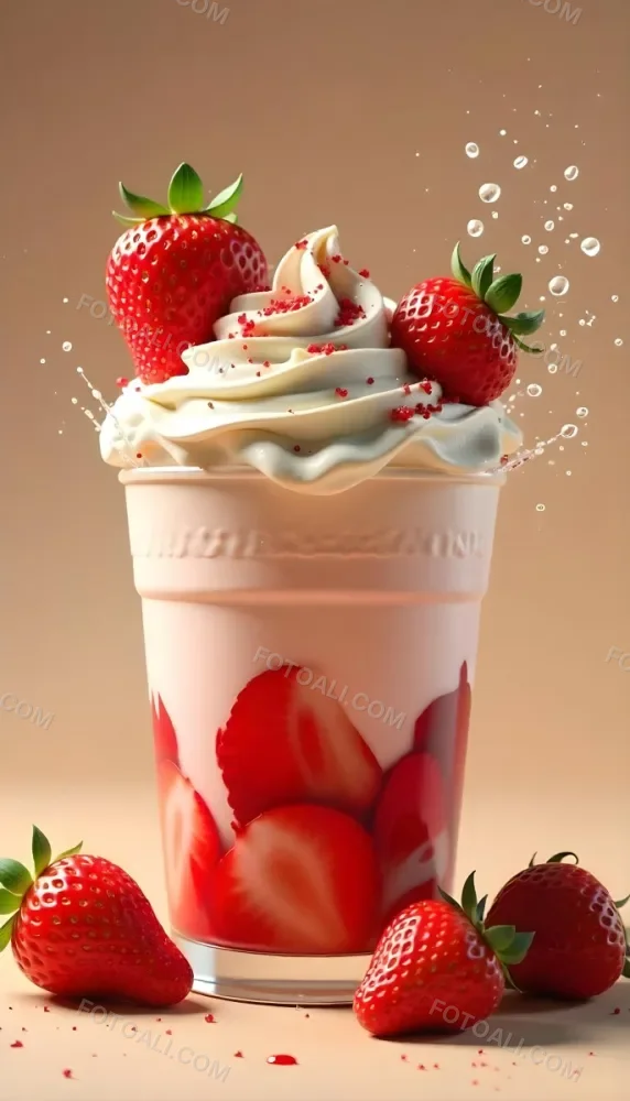 A Cup Of Water With Whipped Cream And Strawberries Water Splash Brown Background Studio Shot Food Photography High Detail Realistic Rendering Vibrant Colors Delicious Appetizing 36 8032