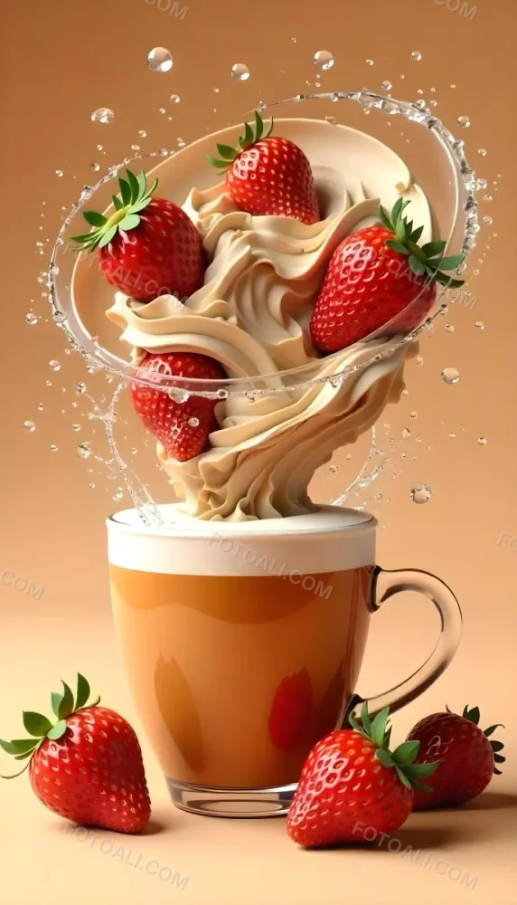 A Cup Of Water With Whipped Cream And Strawberries Water Splash Brown Background Studio Shot Food Photography High Detail Realistic Rendering Vibrant Colors Delicious Appetizing 4 7758