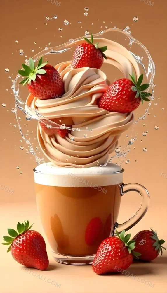 A Cup Of Water With Whipped Cream And Strawberries Water Splash Brown Background Studio Shot Food Photography High Detail Realistic Rendering Vibrant Colors Delicious Appetizing 6 4021