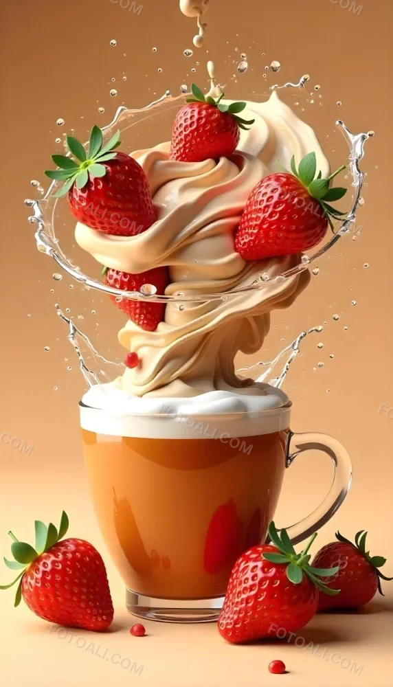 A Cup Of Water With Whipped Cream And Strawberries Water Splash Brown Background Studio Shot Food Photography High Detail Realistic Rendering Vibrant Colors Delicious Appetizing 8 C8ad