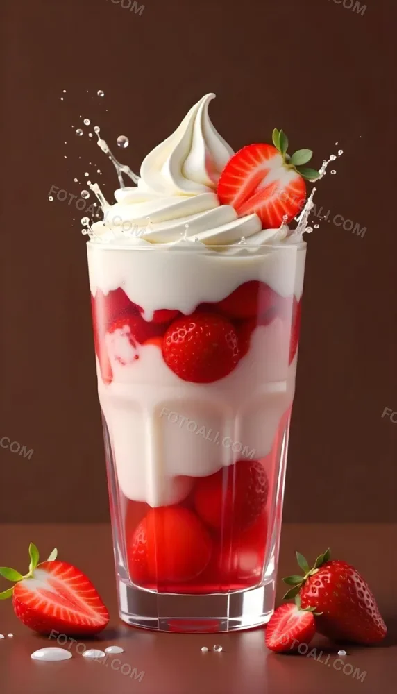 A Cup Of Water With Whipped Cream And Strawberries Water Splash Brown Background Studio Shot Food Photography High Detail Realistic Rendering Vibrant Colors Delicious Appetizing 9 Ef79