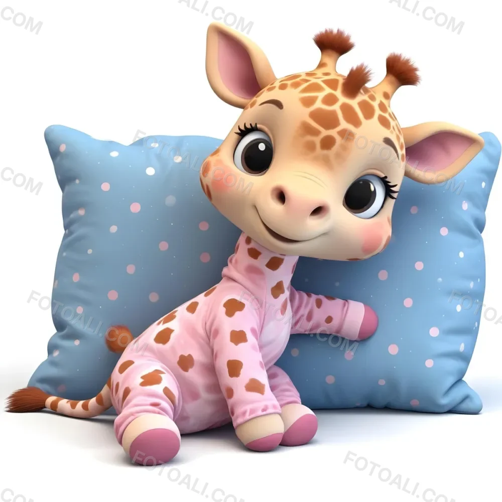 A Cute Baby Giraffe Wearing A Pink Onesie Sitting On A Blue Polka Dot Pillow With Stars In The Background 2 Eb5b