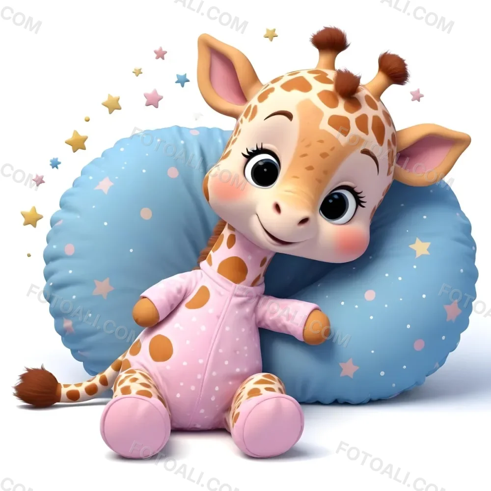 A Cute Baby Giraffe Wearing A Pink Onesie Sitting On A Blue Polka Dot Pillow With Stars In The Background 3 B5f6