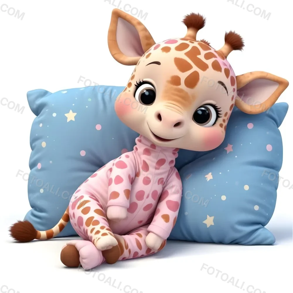 A Cute Baby Giraffe Wearing A Pink Onesie Sitting On A Blue Polka Dot Pillow With Stars In The Background 5 E38d