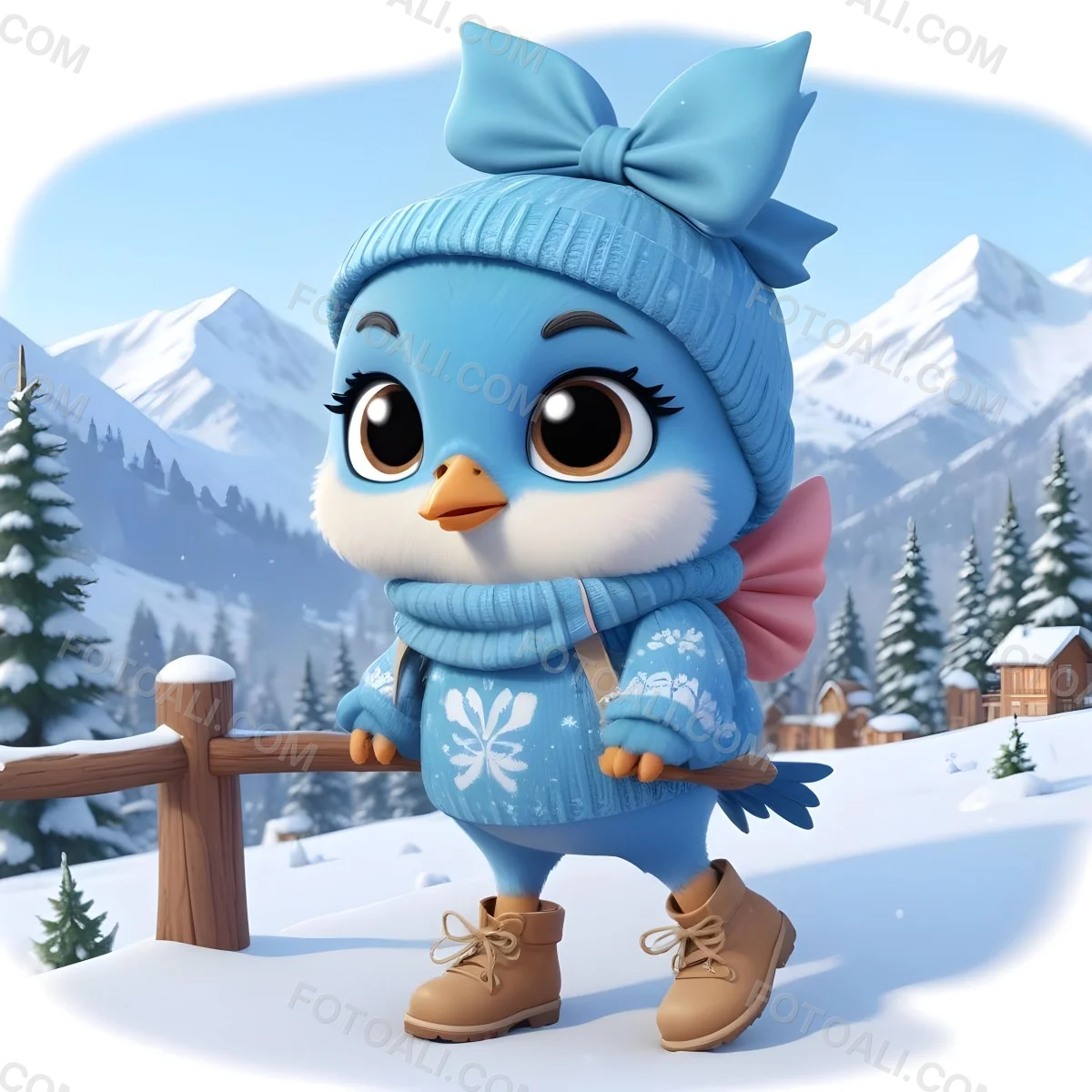A Cute Blue Bird Wearing A Winter Hat And Scarf Standing In A Snowy Forest Landscape With Mountains In The Background 107 19d6