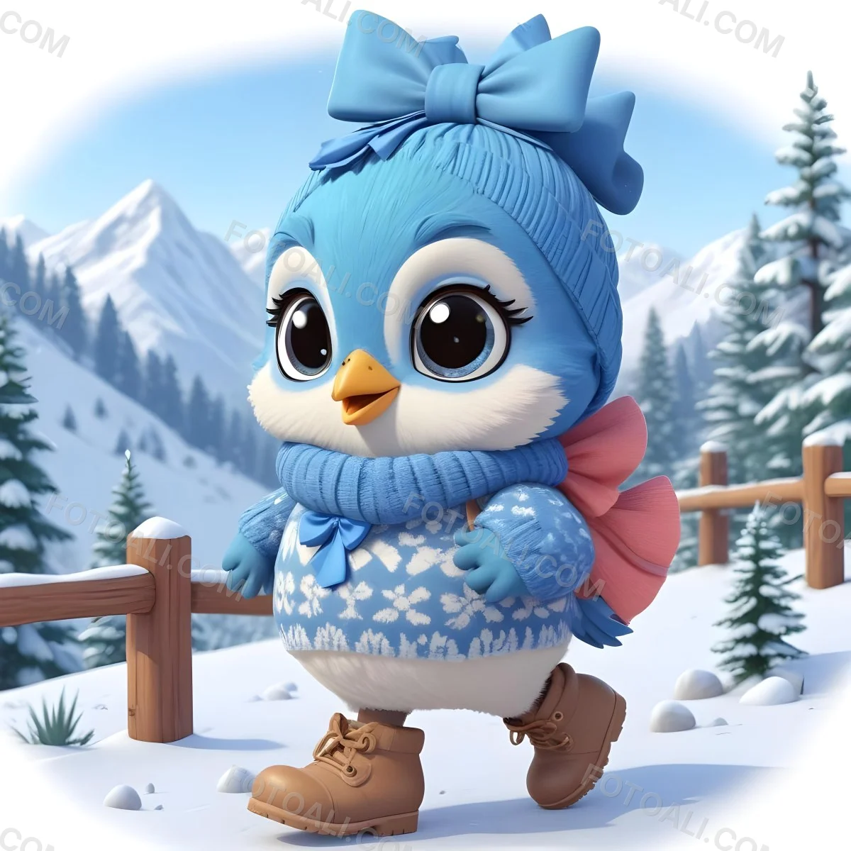 A Cute Blue Bird Wearing A Winter Hat And Scarf Standing In A Snowy Forest Landscape With Mountains In The Background 110 Fb2e