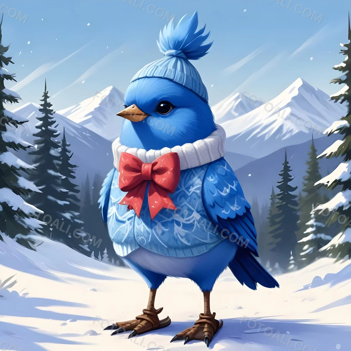 A Cute Blue Bird Wearing A Winter Hat And Scarf Standing In A Snowy Forest Landscape With Mountains In The Background 29 4ea0