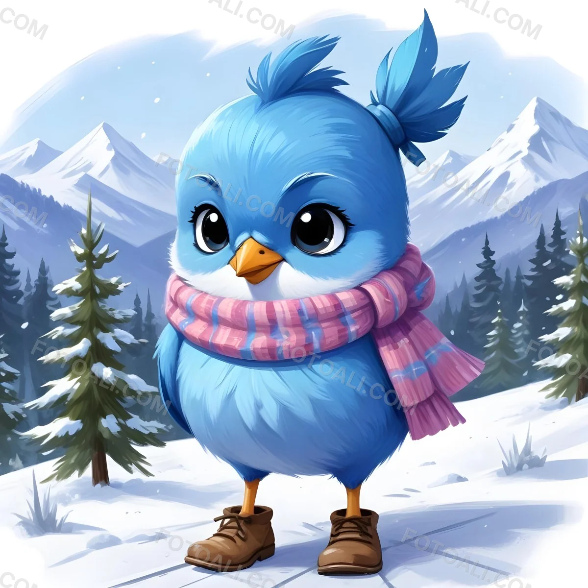 A Cute Blue Bird Wearing A Winter Hat And Scarf Standing In A Snowy Forest Landscape With Mountains In The Background 32 C136