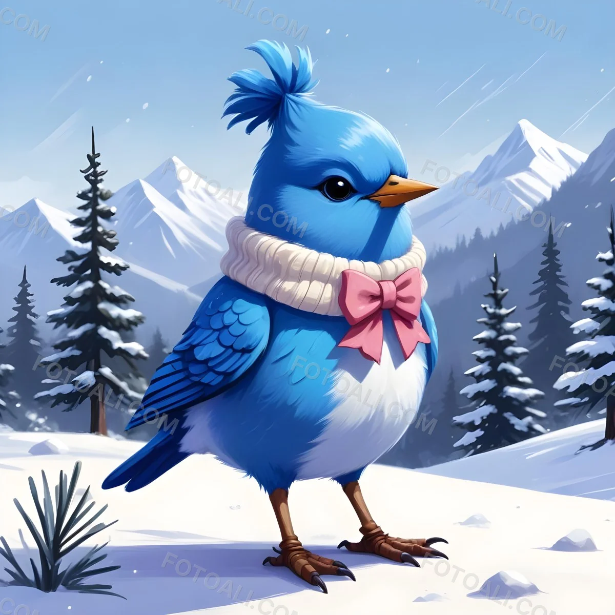 A Cute Blue Bird Wearing A Winter Hat And Scarf Standing In A Snowy Forest Landscape With Mountains In The Background 36 5682