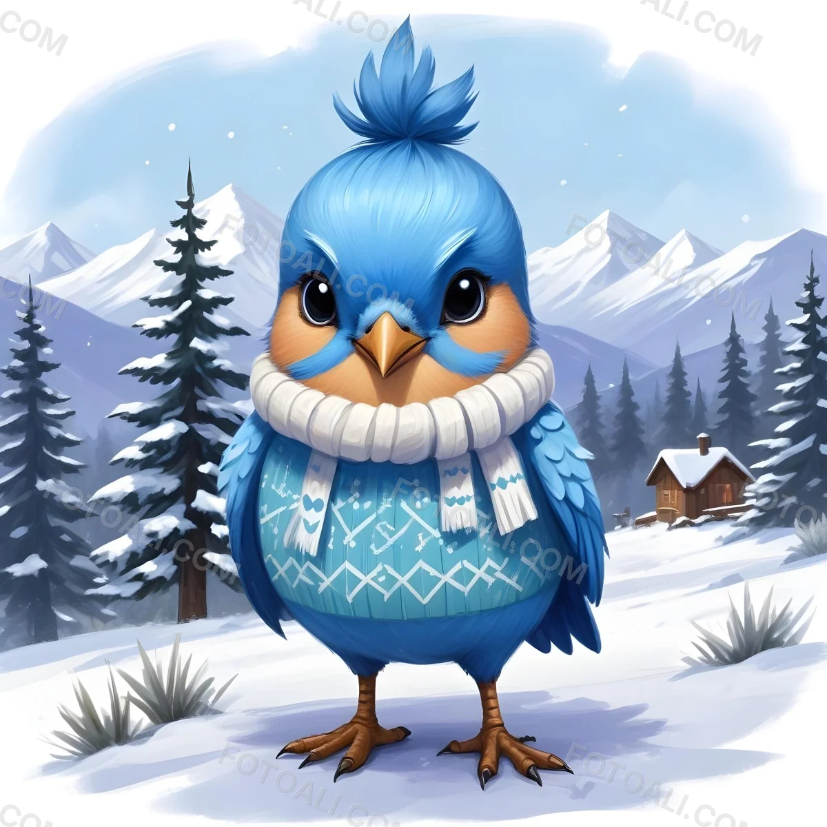 A Cute Blue Bird Wearing A Winter Hat And Scarf Standing In A Snowy Forest Landscape With Mountains In The Background 41 9140