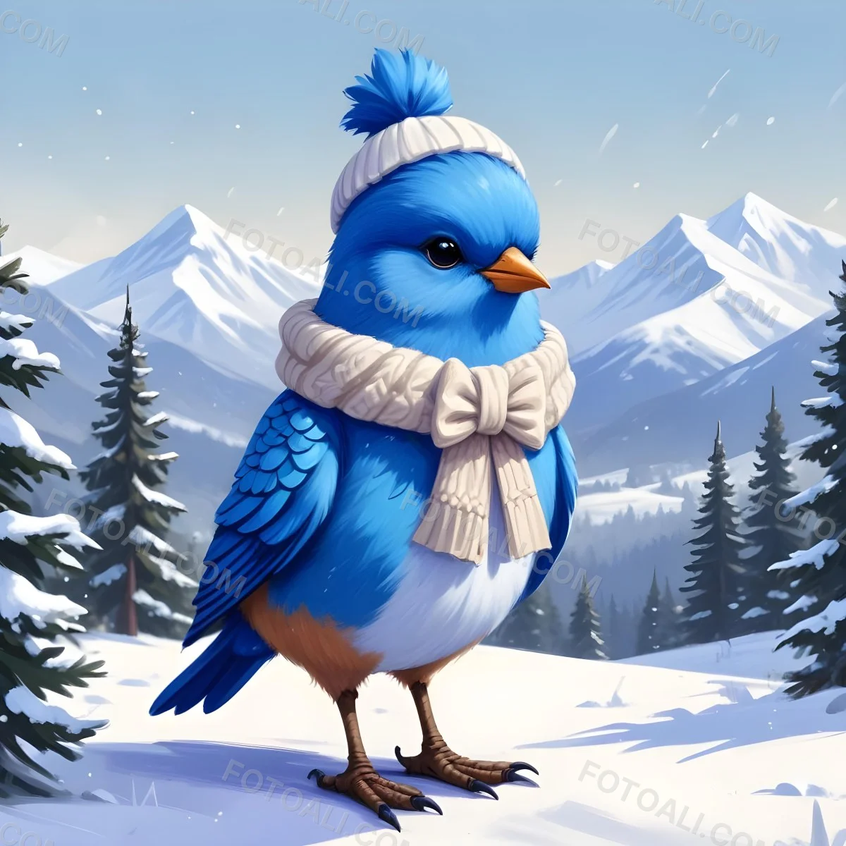 A Cute Blue Bird Wearing A Winter Hat And Scarf Standing In A Snowy Forest Landscape With Mountains In The Background 53 4a06