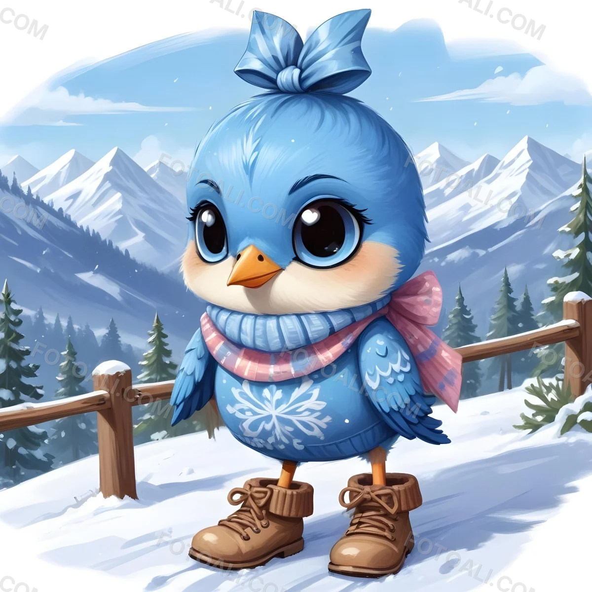 A Cute Blue Bird Wearing A Winter Hat And Scarf Standing In A Snowy Forest Landscape With Mountains In The Background 64 4fd6