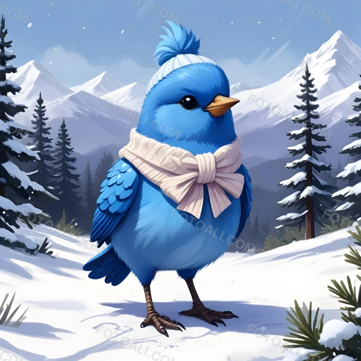 A Cute Blue Bird Wearing A Winter Hat And Scarf Standing In A Snowy Forest Landscape With Mountains In The Background 66 6ba6