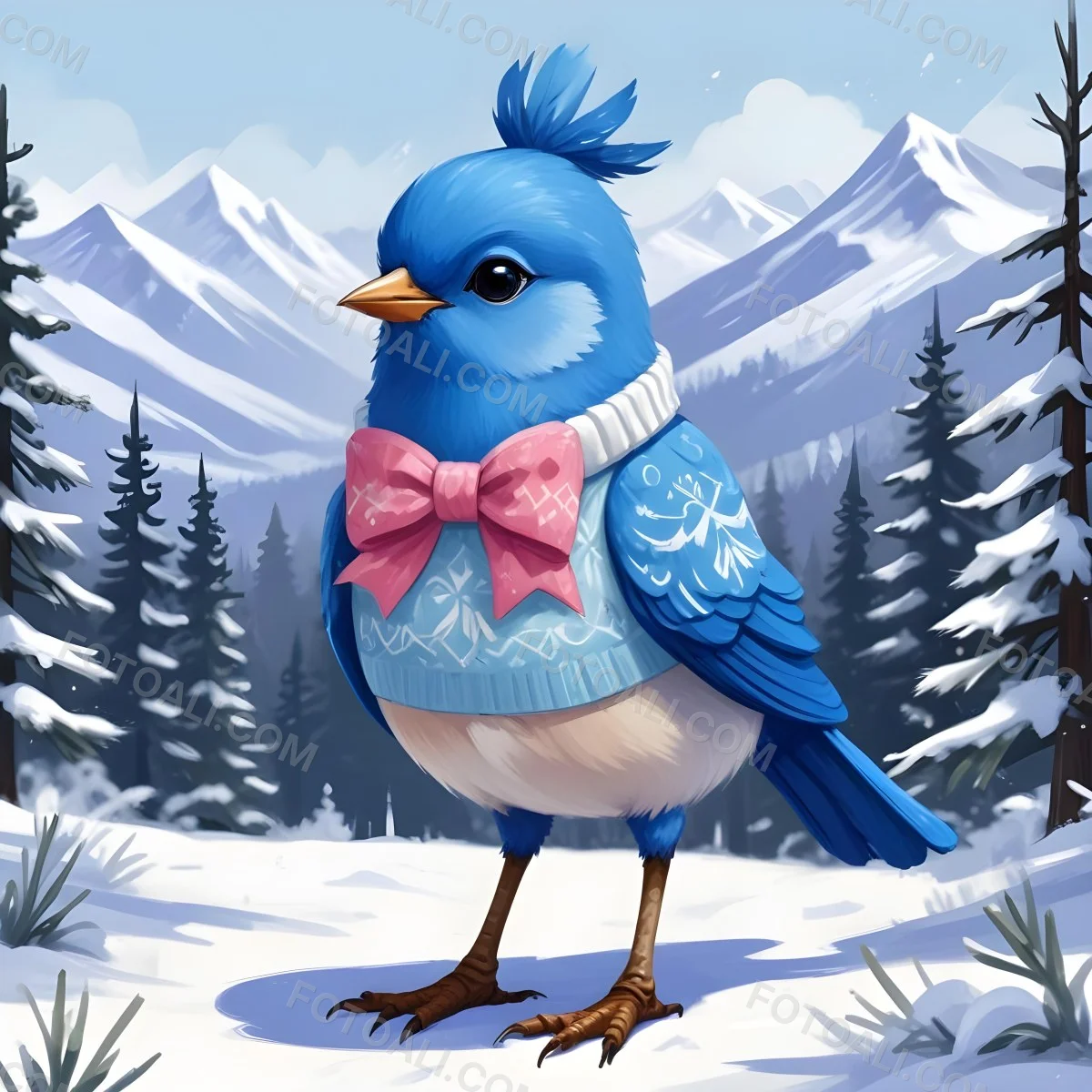 A Cute Blue Bird Wearing A Winter Hat And Scarf Standing In A Snowy Forest Landscape With Mountains In The Background 85 0ec5