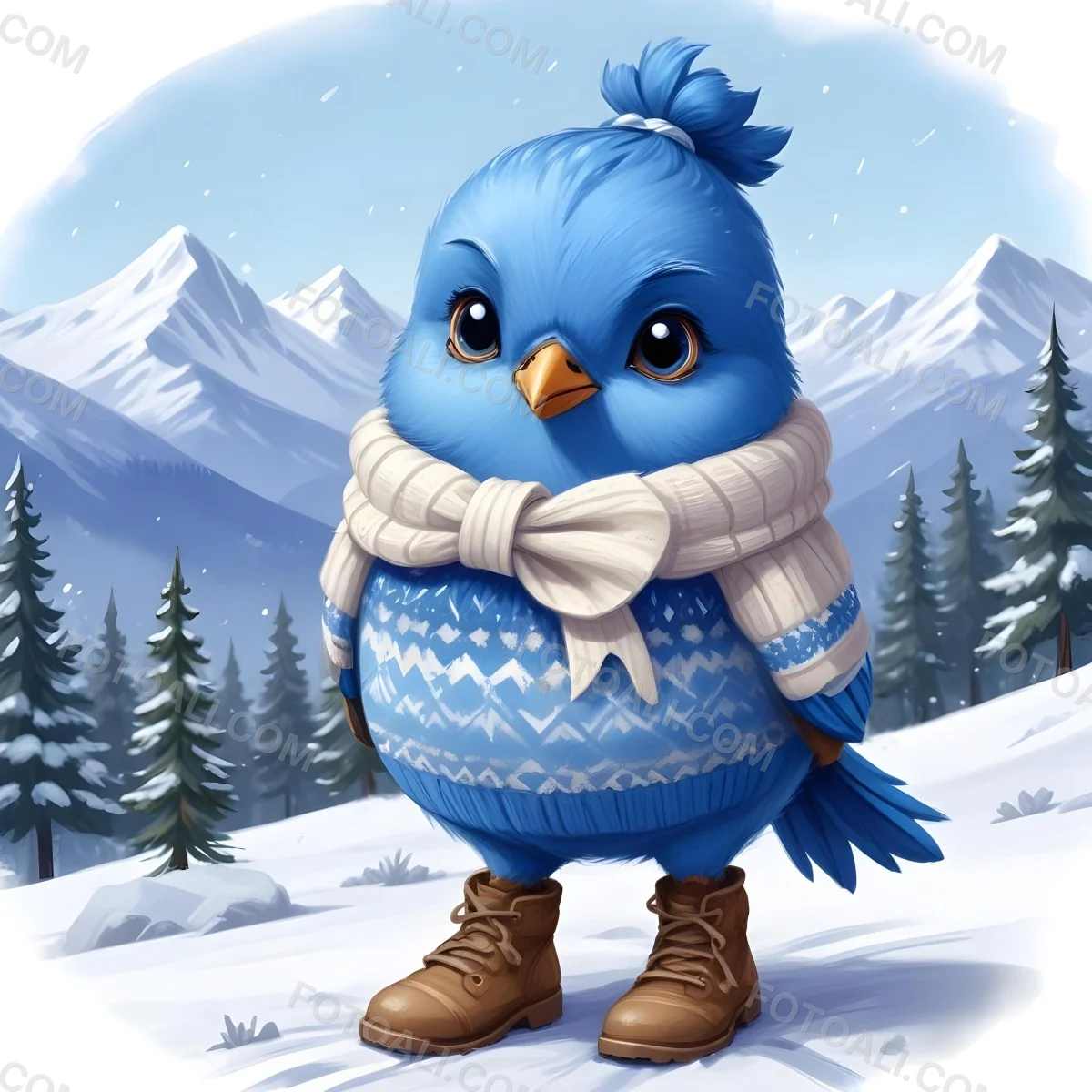 A Cute Blue Bird Wearing A Winter Hat And Scarf Standing In A Snowy Forest Landscape With Mountains In The Background 88 9bad