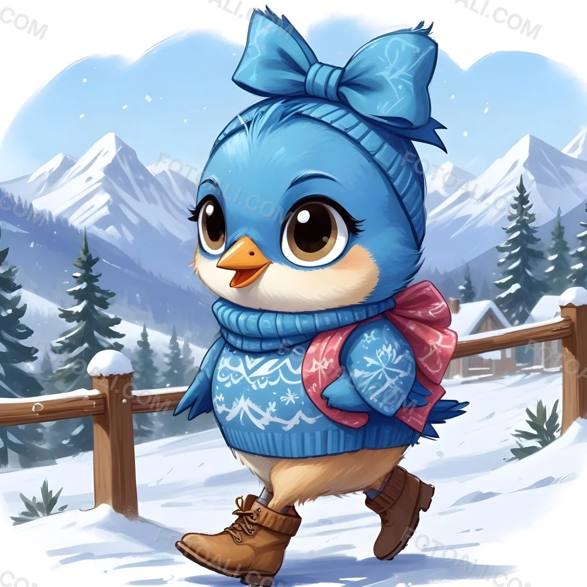 A Cute Blue Bird Wearing A Winter Hat And Scarf Standing In A Snowy Forest Landscape With Mountains In The Background 9 7a16