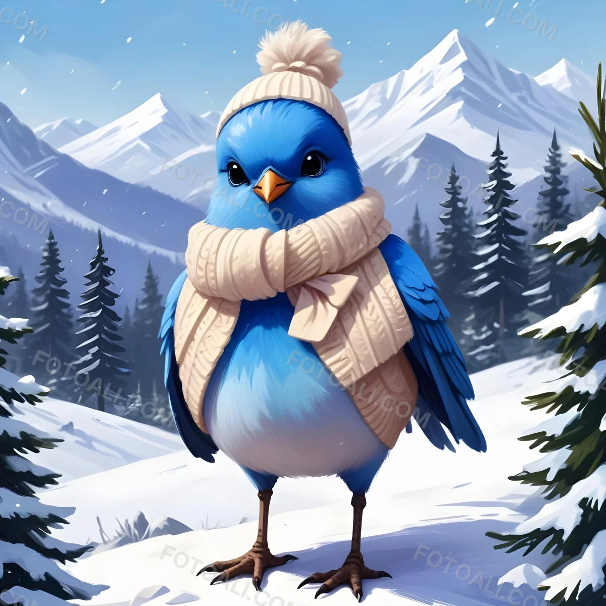 A Cute Blue Bird Wearing A Winter Hat And Scarf Standing In A Snowy Forest Landscape With Mountains In The Background 90 486e