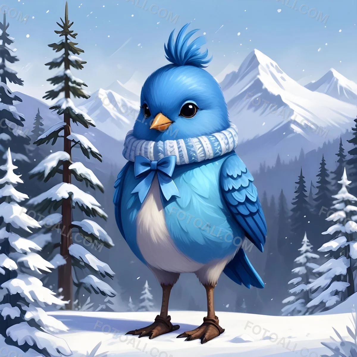 A Cute Blue Bird Wearing A Winter Hat And Scarf Standing In A Snowy Forest Landscape With Mountains In The Background 91 609d