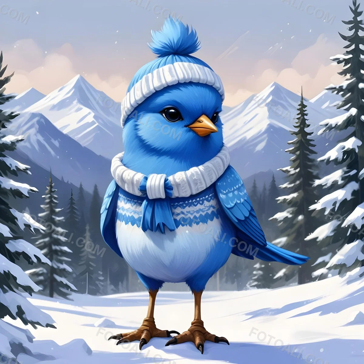 A Cute Blue Bird Wearing A Winter Hat And Scarf Standing In A Snowy Forest Landscape With Mountains In The Background 92 4229
