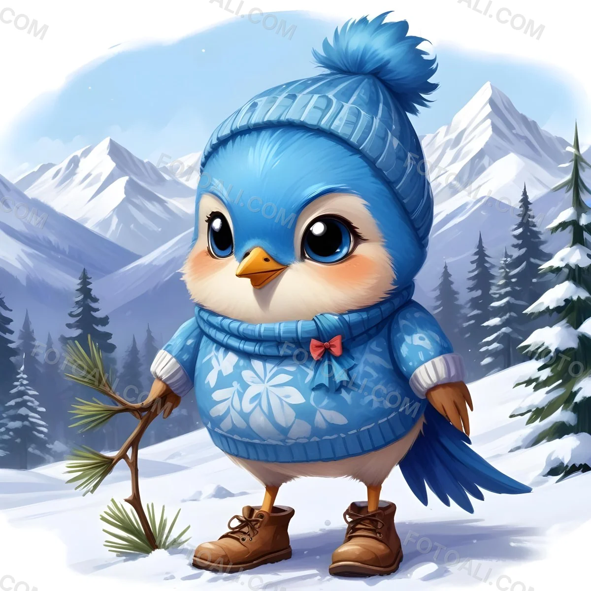 A Cute Blue Bird Wearing A Winter Hat And Scarf Standing In A Snowy Forest Landscape With Mountains In The Background 93 Af23