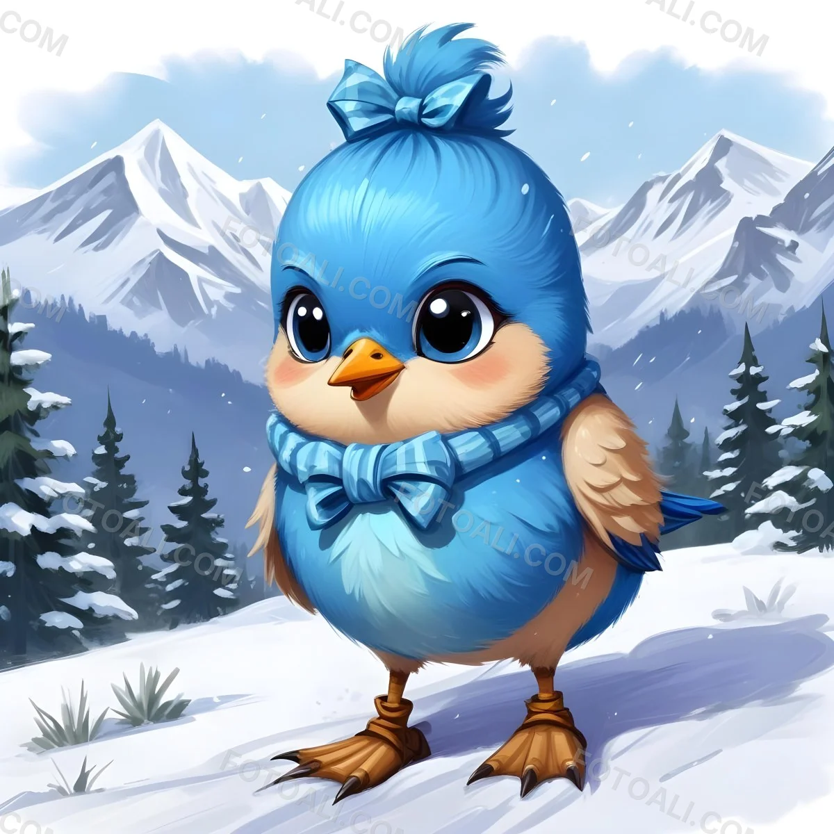 A Cute Blue Bird Wearing A Winter Hat And Scarf Standing In A Snowy Forest Landscape With Mountains In The Background 94 0b16