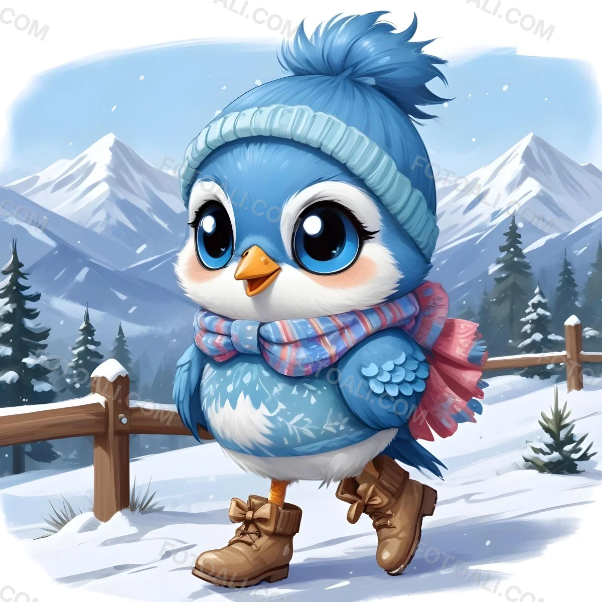 A Cute Blue Bird Wearing A Winter Hat And Scarf Standing In A Snowy Forest Landscape With Mountains In The Background 95 3fe2