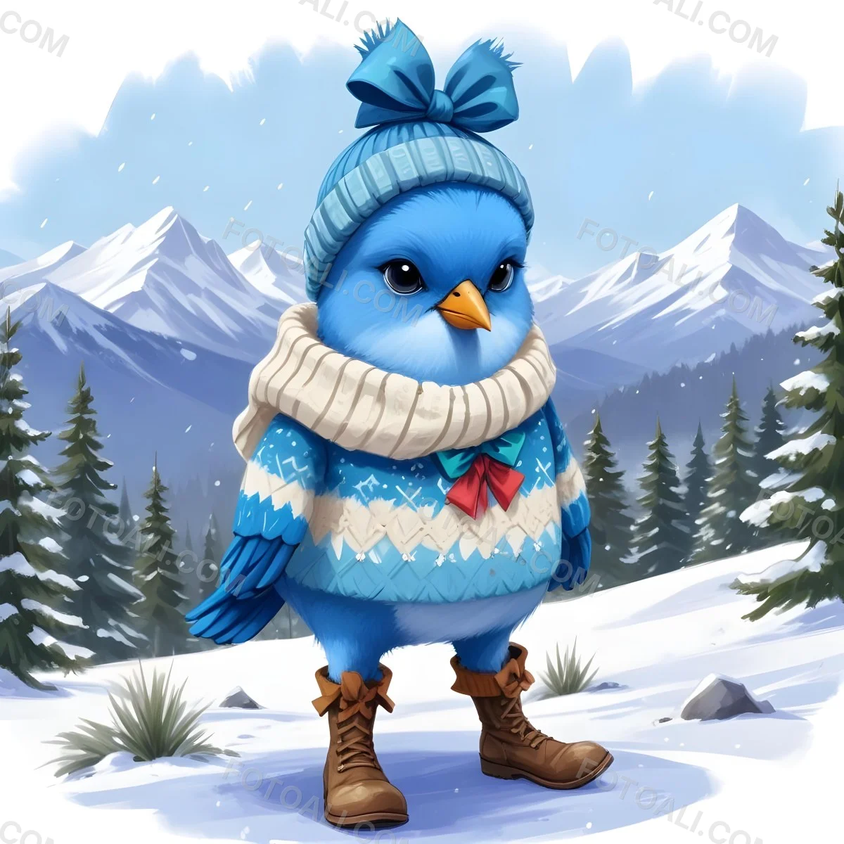 A Cute Blue Bird Wearing A Winter Hat And Scarf Standing In A Snowy Forest Landscape With Mountains In The Background 98 Ceff