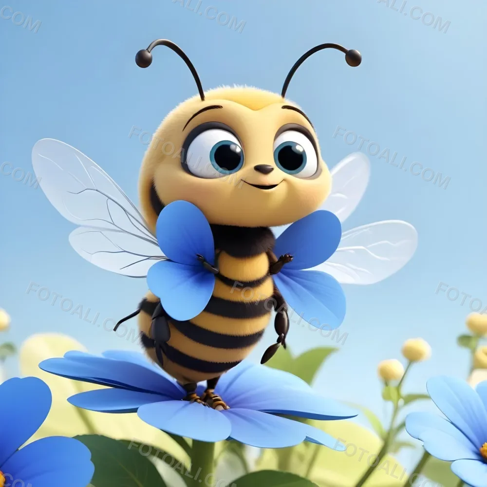 A Cute Cartoon Bee With Large Eyes And A Heart Shaped Antenna Sitting On A Blue Flower Petal Against A Bright Blue Sky Background 50 08cd
