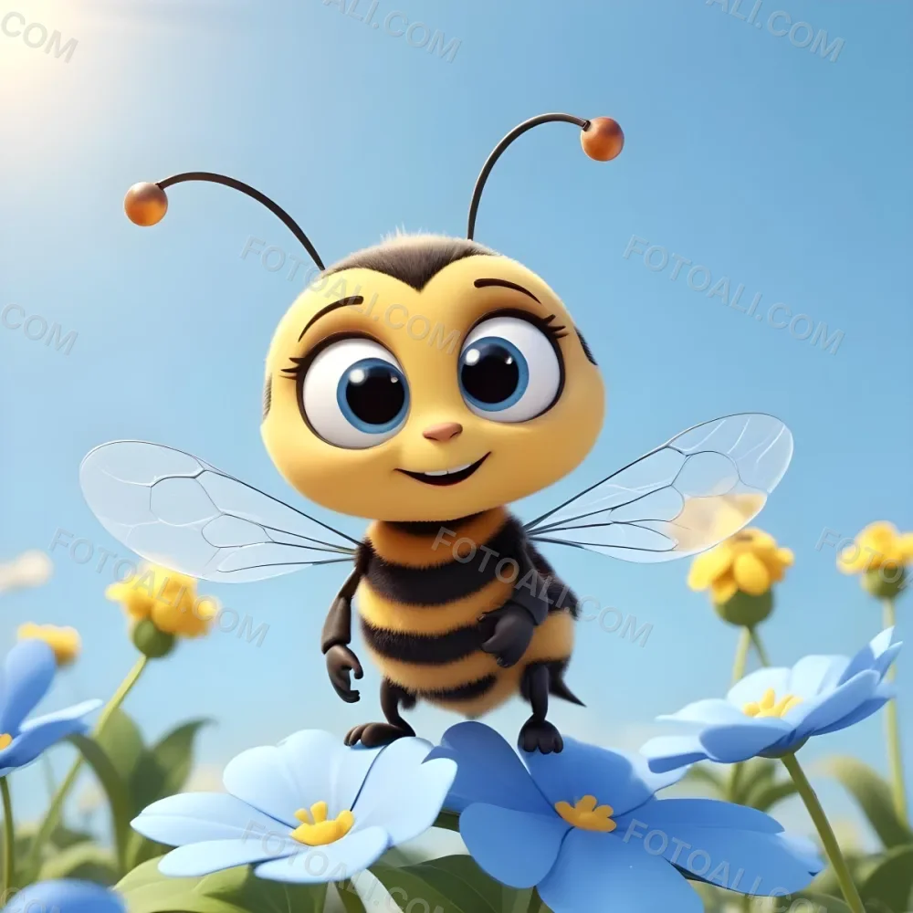A Cute Cartoon Bee With Large Eyes And A Heart Shaped Antenna Sitting On A Blue Flower Petal Against A Bright Blue Sky Background 77 Eb77