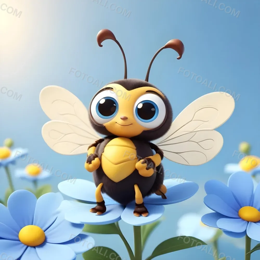 A Cute Cartoon Bee With Large Eyes And A Heart Shaped Antenna Sitting On A Blue Flower Petal Against A Bright Blue Sky Background 86 B3c6