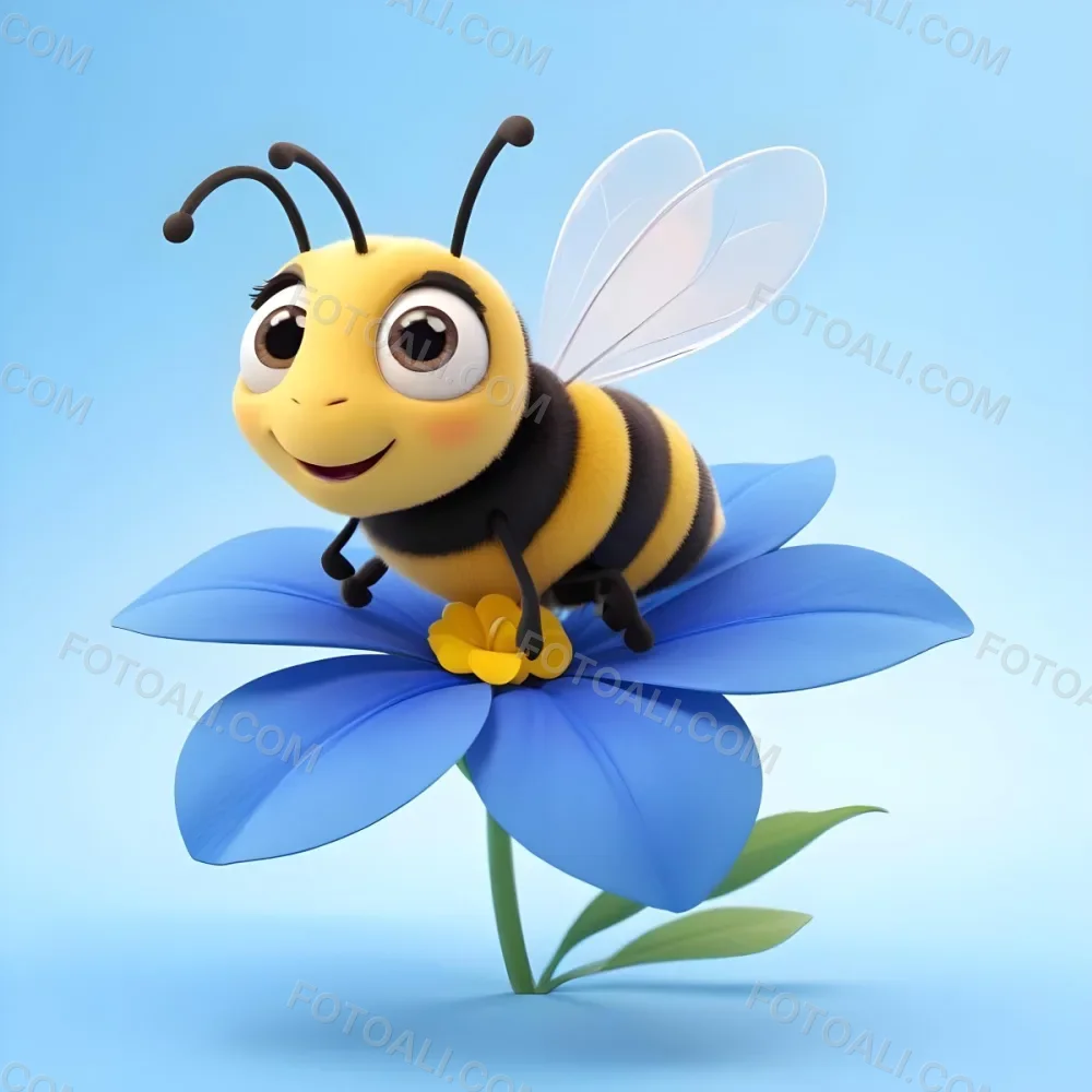 A Cute Cartoon Bee With Large Eyes And A Heart Shaped Antenna Sitting On A Blue Flower Petal Against A Bright Blue Sky Background 88 E955