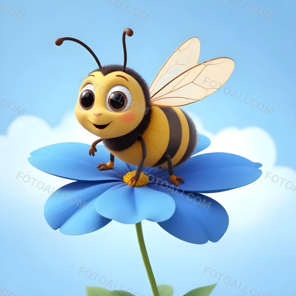 A Cute Cartoon Bee With Large Eyes And A Heart Shaped Antenna Sitting On A Blue Flower Petal Against A Bright Blue Sky Background 9 78d4