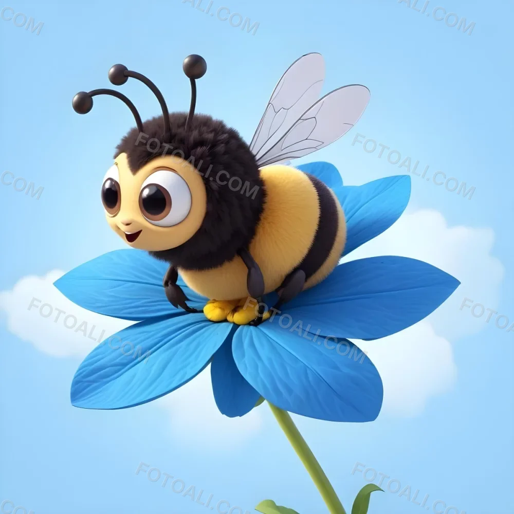 A Cute Cartoon Bee With Large Eyes And A Heart Shaped Antenna Sitting On A Blue Flower Petal Against A Bright Blue Sky Background 90 60e2