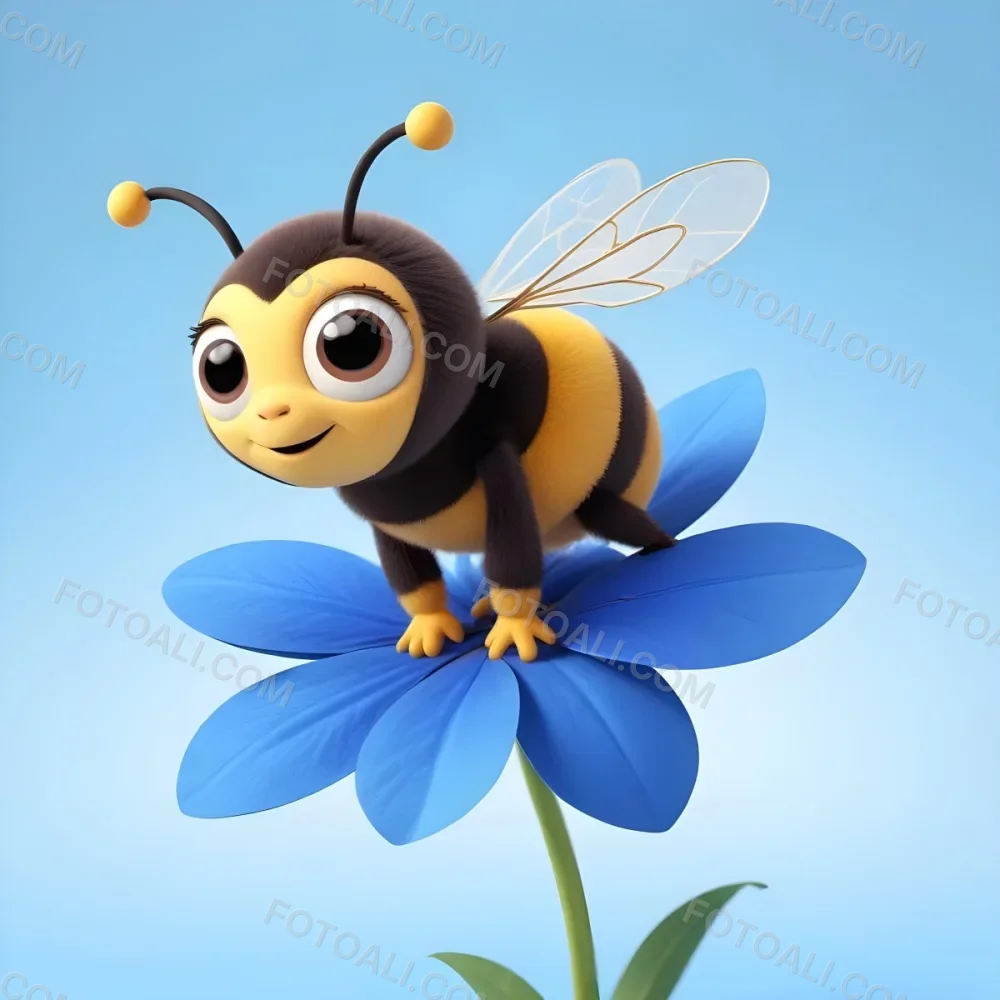 A Cute Cartoon Bee With Large Eyes And A Heart Shaped Antenna Sitting On A Blue Flower Petal Against A Bright Blue Sky Background 91 Daca