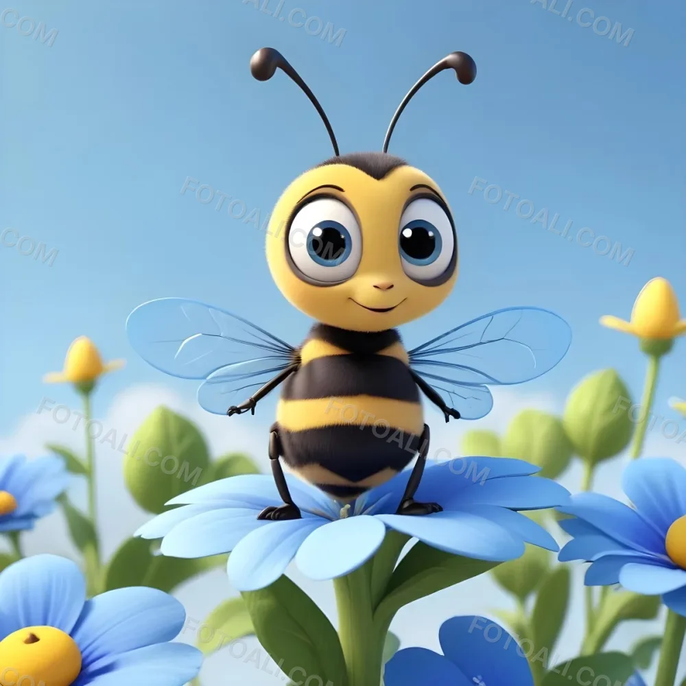 A Cute Cartoon Bee With Large Eyes And A Heart Shaped Antenna Sitting On A Blue Flower Petal Against A Bright Blue Sky Background 92 8af3