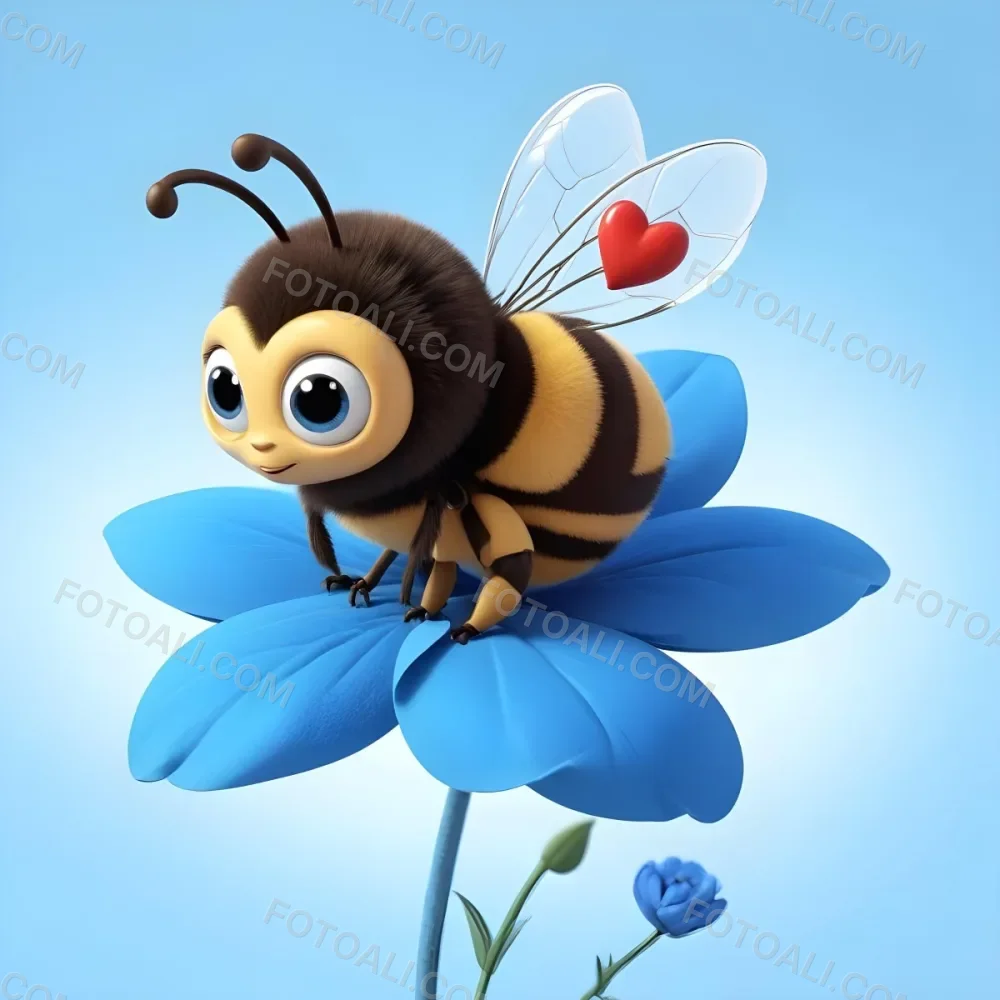 A Cute Cartoon Bee With Large Eyes And A Heart Shaped Antenna Sitting On A Blue Flower Petal Against A Bright Blue Sky Background 93 9d25