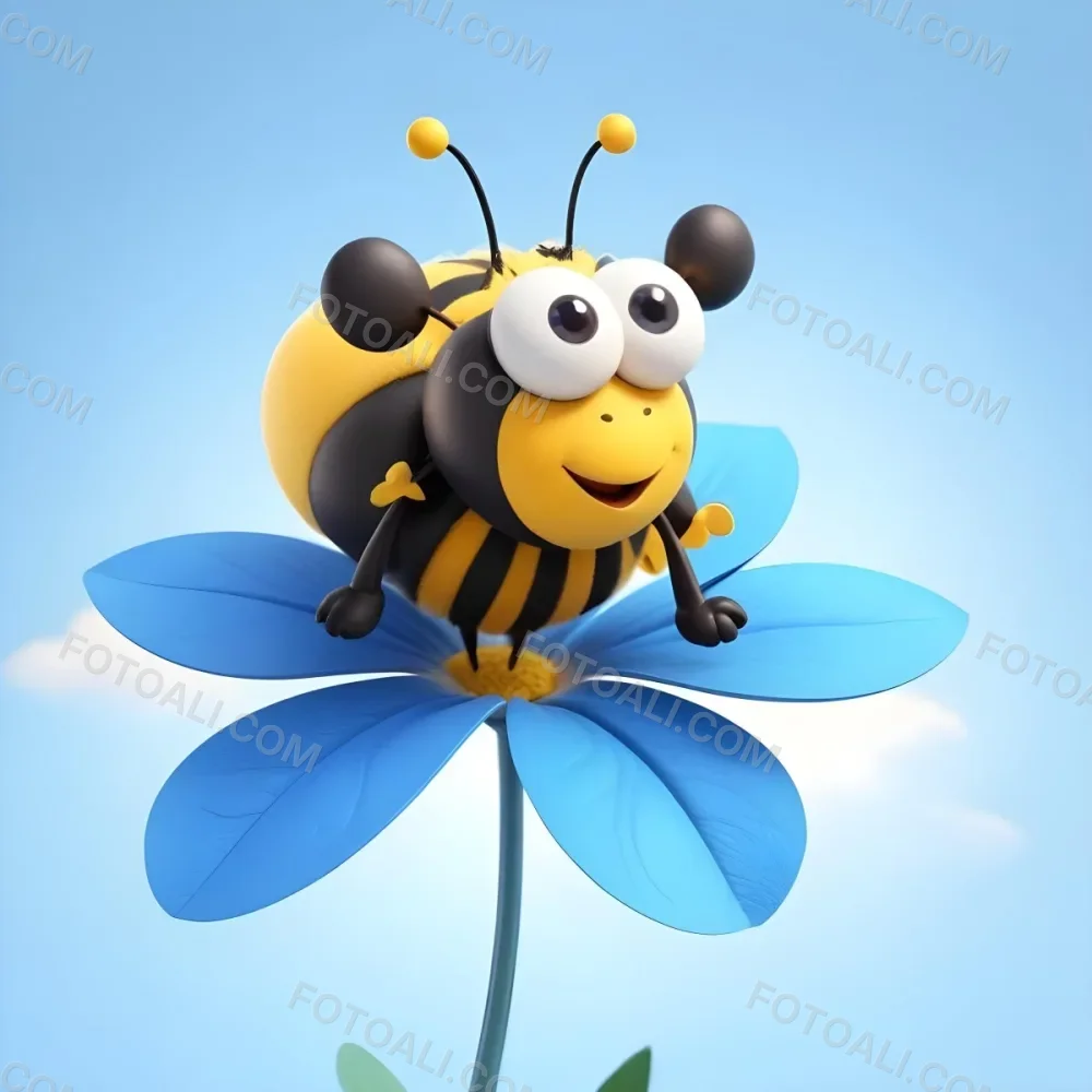 A Cute Cartoon Bee With Large Eyes And A Heart Shaped Antenna Sitting On A Blue Flower Petal Against A Bright Blue Sky Background 94 41f7