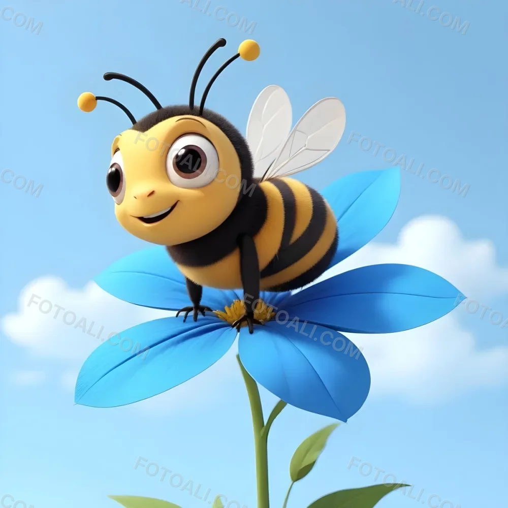 A Cute Cartoon Bee With Large Eyes And A Heart Shaped Antenna Sitting On A Blue Flower Petal Against A Bright Blue Sky Background 96 F8d1