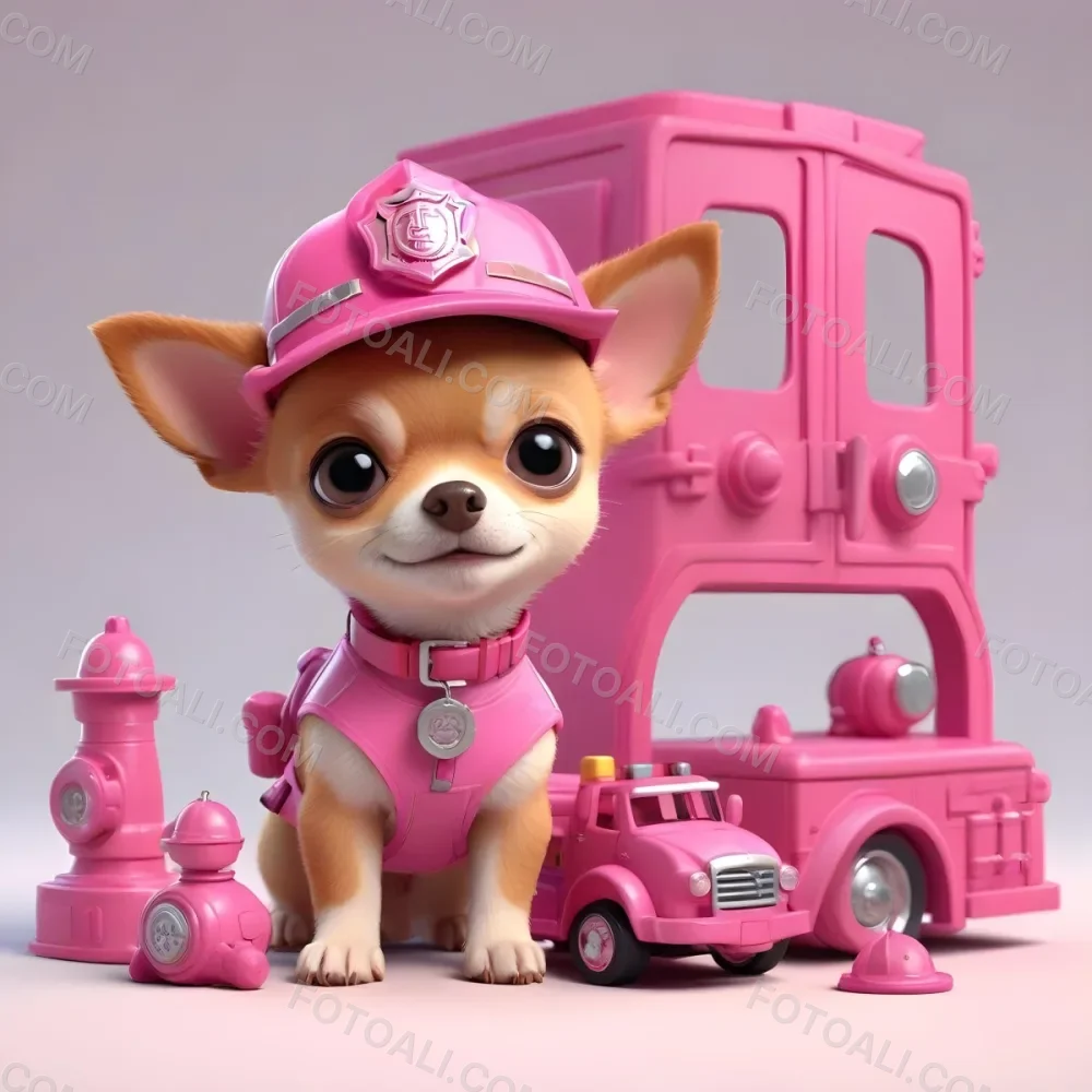 A Cute Chihuahua Puppy Wearing A Pink Police Hat And Vest Sitting Next To A Pink Toy Police Car And Other Pink Accessories 2 6336