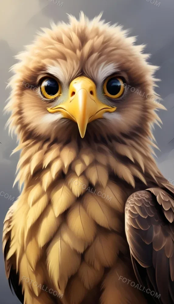 A Cute Eagle Chick With Yellow Feathers And Yellow Wings Big Yellow Eyes Brown Beak Looking At The Camera In A Cloudy Sky 29 4b6c
