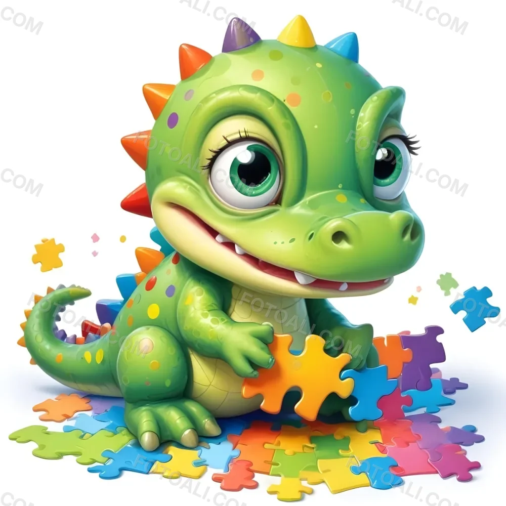 A Cute Green Baby Alligator With Big Eyes Playing With A Puzzle Colorful Background With Colorful Dots And Puzzle Pieces 19 B187