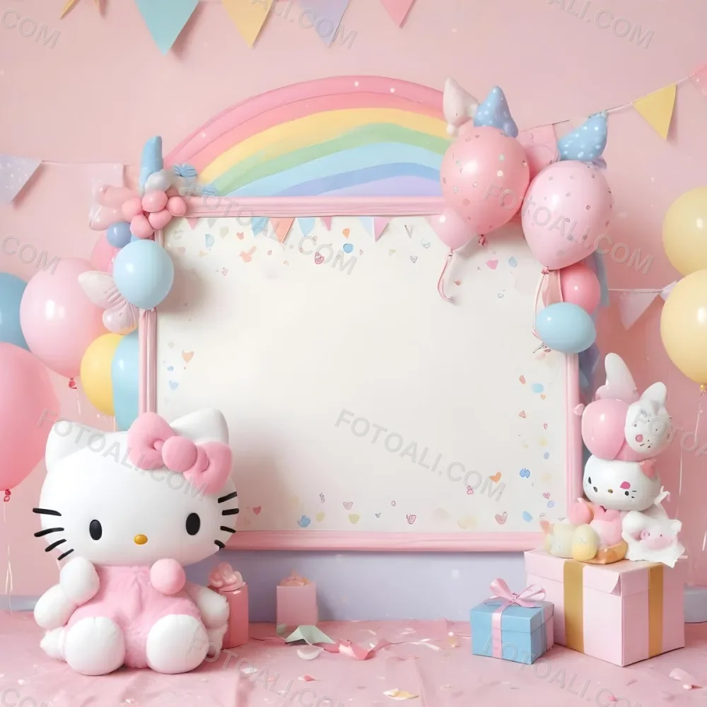 A Cute White Cat With A Pink Bow Holding A Blank Sign Surrounded By Colorful Butterflies Flowers And Pastel Decorations 479 838e