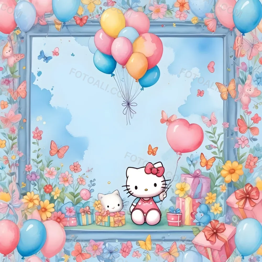 A Cute White Cat With A Pink Bow Holding A Blank Sign Surrounded By Colorful Butterflies Flowers And Pastel Decorations 645 1878