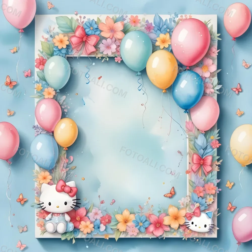 A Cute White Cat With A Pink Bow Holding A Blank Sign Surrounded By Colorful Butterflies Flowers And Pastel Decorations 647 Eb82
