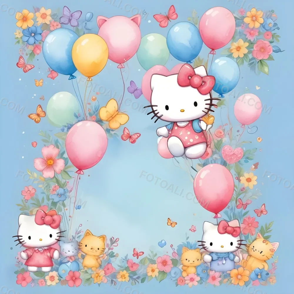 A Cute White Cat With A Pink Bow Holding A Blank Sign Surrounded By Colorful Butterflies Flowers And Pastel Decorations 653 Ed8e