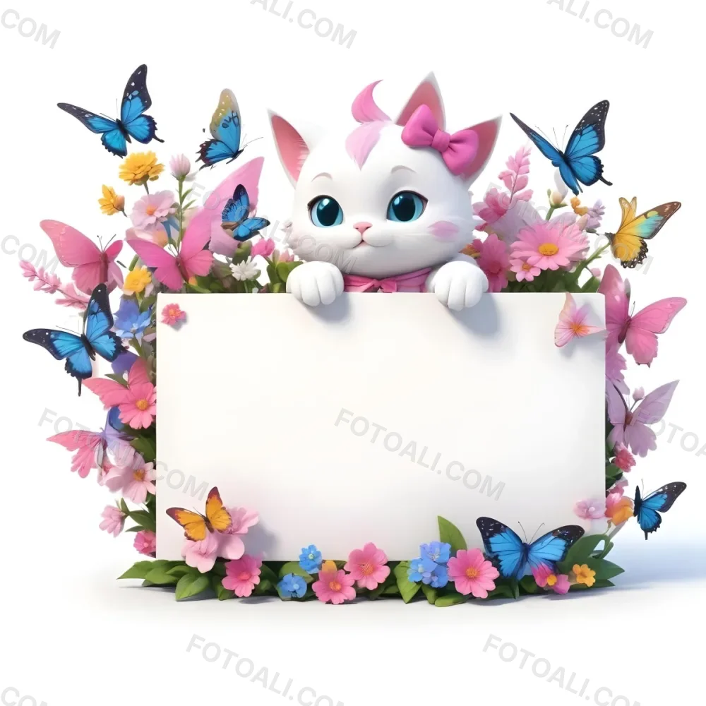 A Cute White Cat With A Pink Bow Holding A Blank Sign Surrounded By Colorful Butterflies Flowers And Pastel Decorations 67 Cfd5