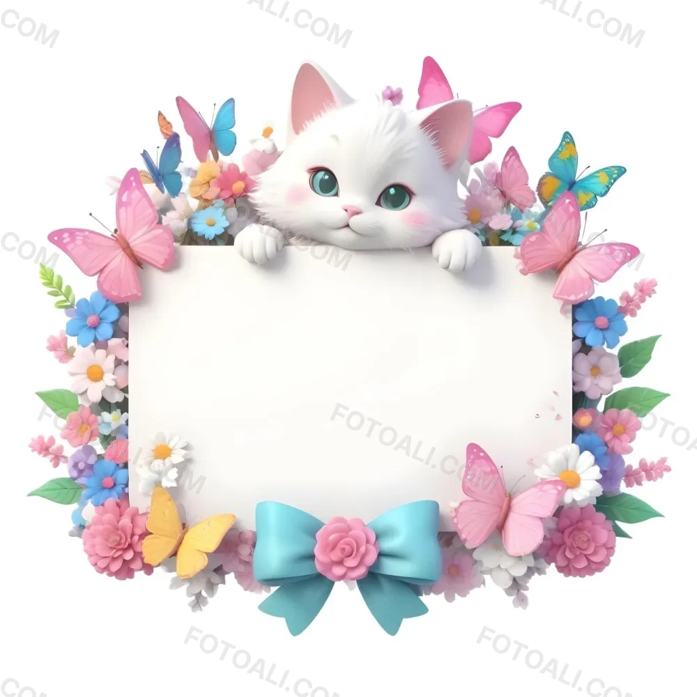 A Cute White Cat With A Pink Bow Holding A Blank Sign Surrounded By Colorful Butterflies Flowers And Pastel Decorations 77 2013