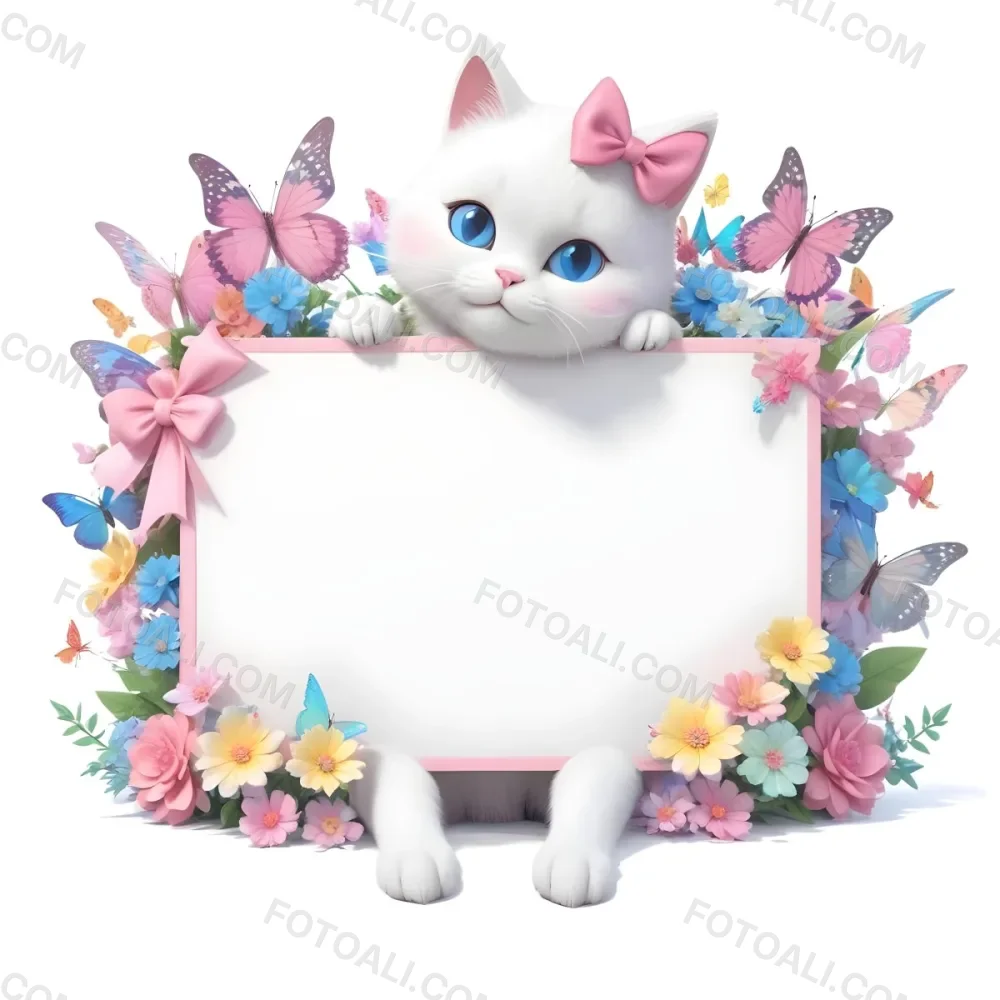 A Cute White Cat With A Pink Bow Holding A Blank Sign Surrounded By Colorful Butterflies Flowers And Pastel Decorations 82 7e35
